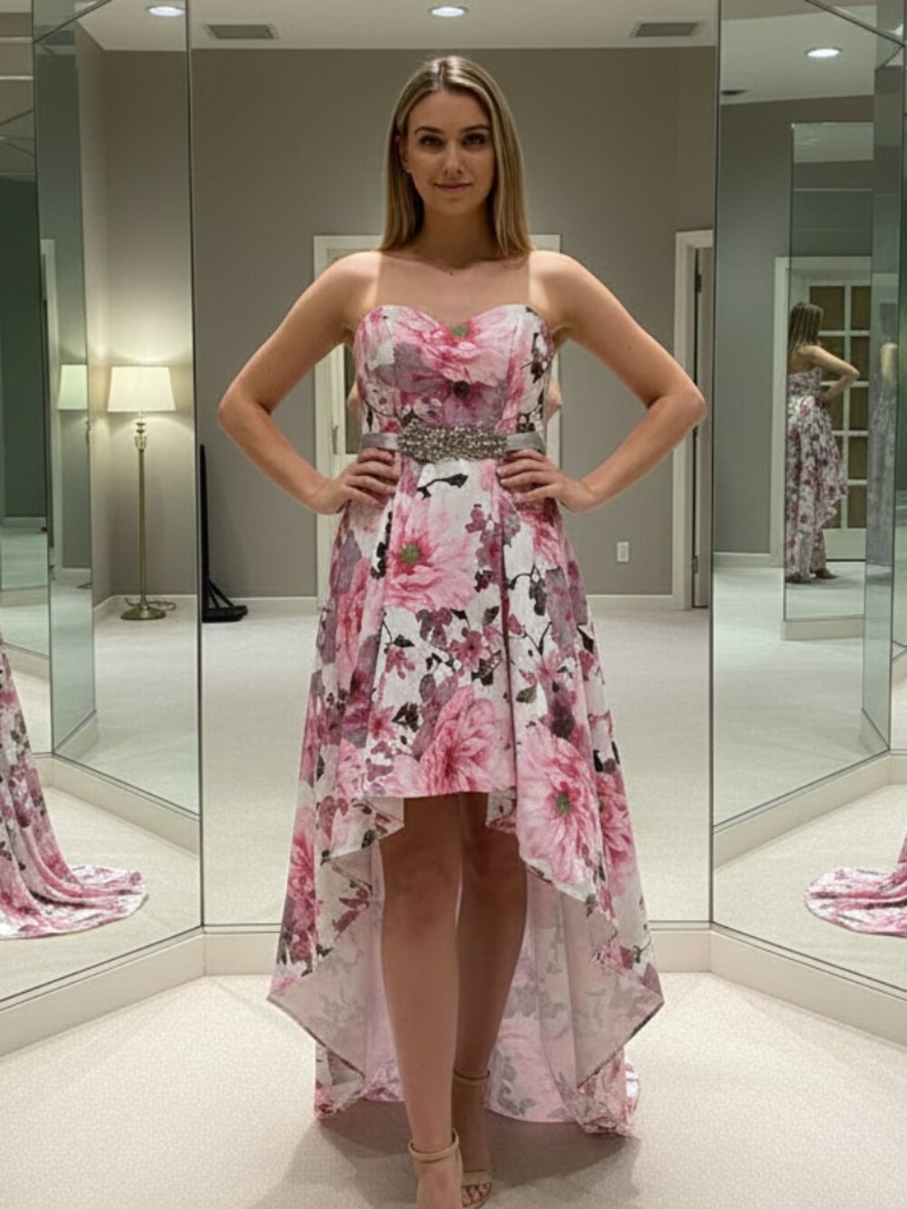 Gorgeous Y2K City Studio Floral Asymmetrical High-Low Dress / Jewel Detail - XS